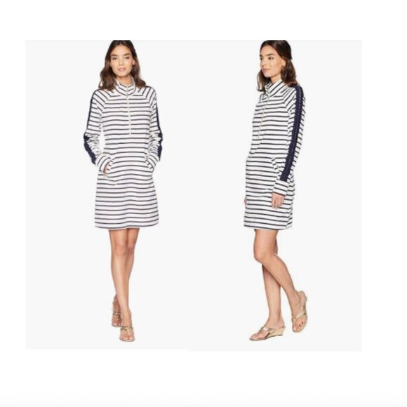 Lilly Pulitzer 1/2 Zip Popover Dress, Navy and White Stripe, Cute Sleeves, Large - Picture 1 of 12